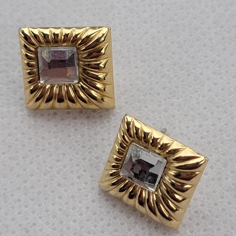 Vintage Classic Gold Square Rhinestone Earrings